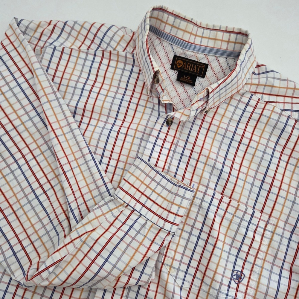 Ariat Mens Large Long Sleeve Plaid Western Button Down Shirt Orange Blue White